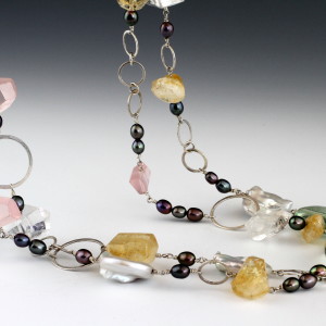 Long Necklace with Quartz, Citrine, Prasiolite, and Pearls